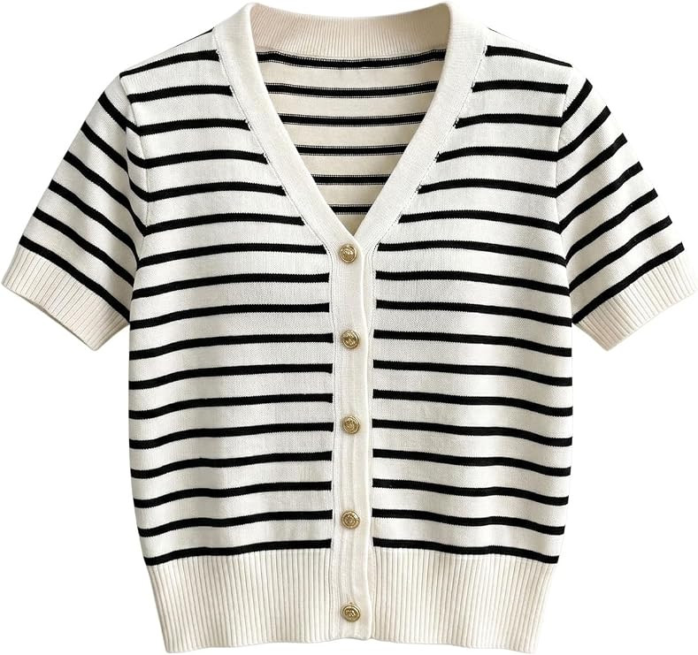 Verdusa Women's Striped Button Down Sweaters Crochet Tops V Neck Short Sleeve Knit Top | Amazon (US)