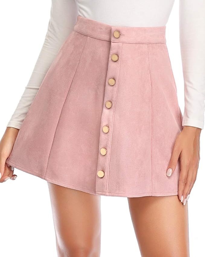 Fuinloth Women's Faux Suede Skirt Button Closure A-Line High Wasit Mini Short Skirt 2021 | Amazon (US)