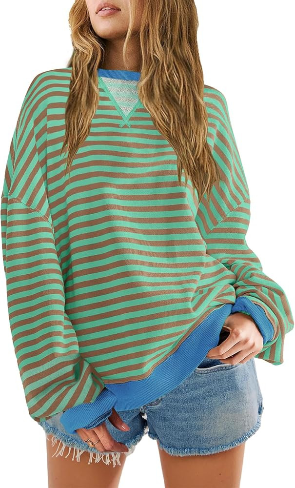 SENSERISE Womens Oversized Classic Striped Crewneck Sweatshirts Long Sleeve Color Block Shirts Ca... | Amazon (US)