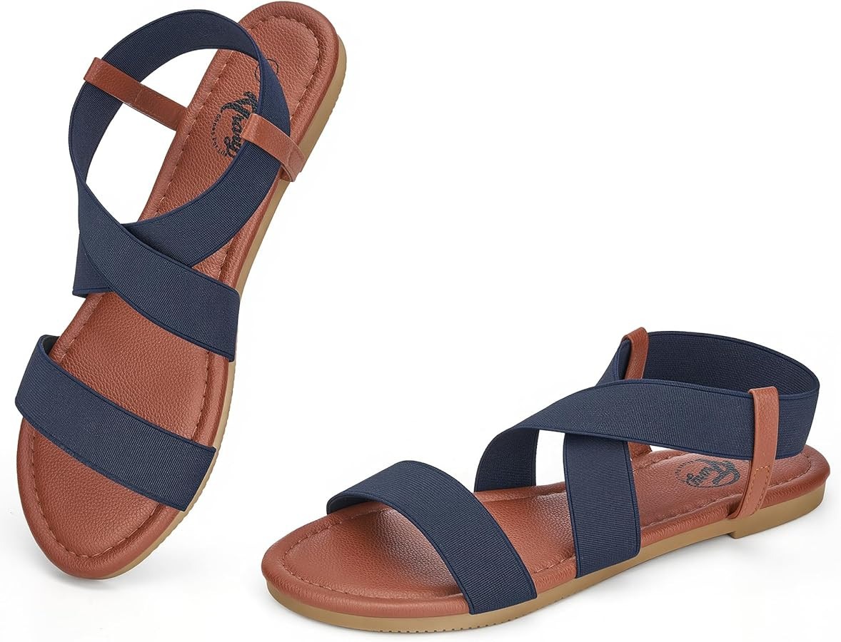 Trary Women's Flat Sandals, Comfortable Elastic Strappy Sandals, Round Toe Summer Slides for Walk... | Amazon (US)