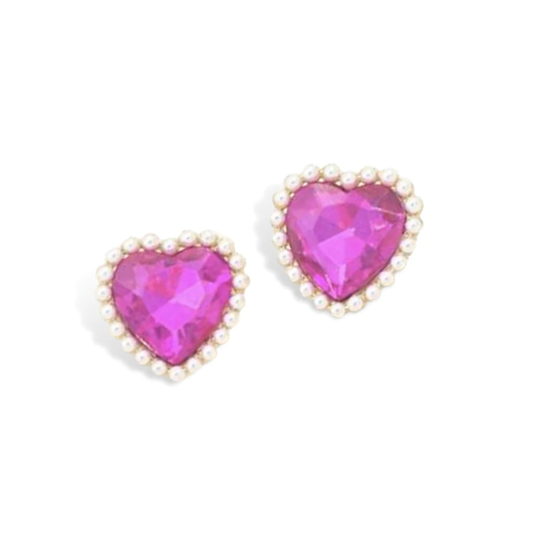Hot Pink Crystal and Pearl Heart Stud Earrings | Teggy French