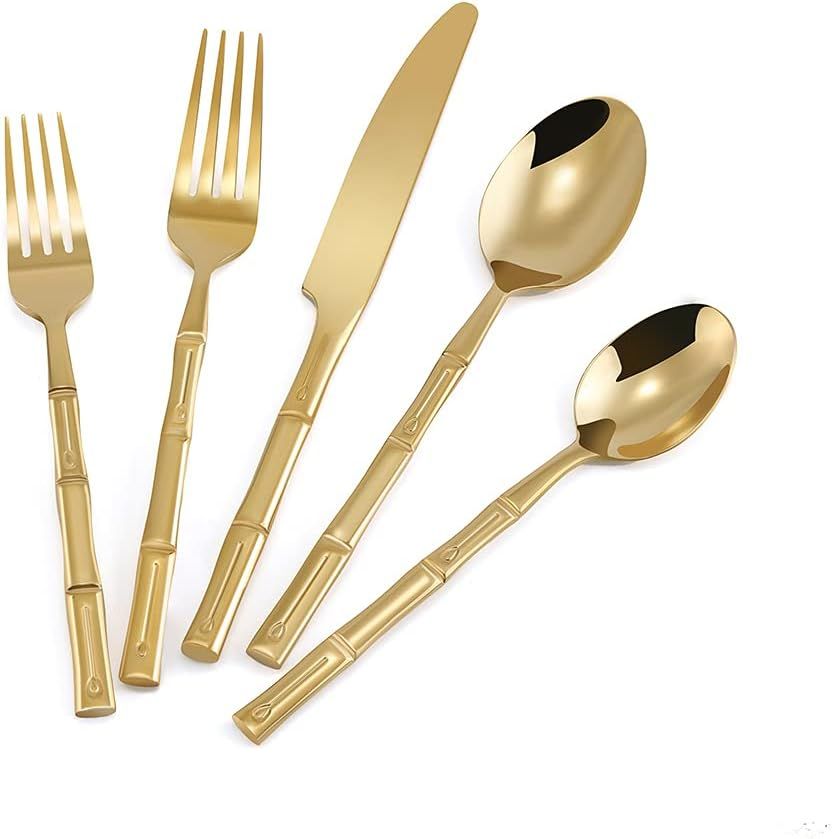 Jintuo Flatware Set Gold Silverware Set Stainless Steel 20 Pieces Bamboo Handle Shiny Mirror Poli... | Amazon (US)