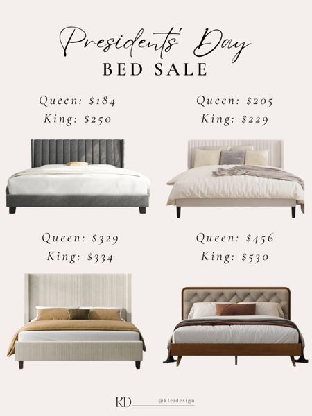 Presidents’ Day bed sale! Unbeatable prices for queen and king sizes 
•••
Master bedroom, bedroom furniture, king bed, upholstered bed frame, furniture sale, bed sale, queen bed 

#LTKhome #LTKSpringSale