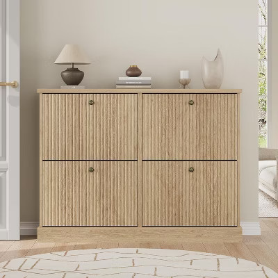 Fluted Wooden Shoe Cabinet with 4 Flip Drawers, Slim Freestanding Shoe Organizer,Removable Shelves for Entryway or Hallway Storage,Natural | Target