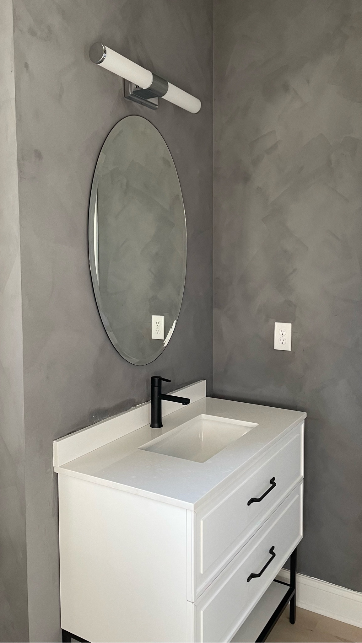 A lil’ primary bathroom update!!

White modern vanity. Matte black faucet. Oval bathroom mirror. Vintage modern home. Chrome bathroom light fixture. Modern bathroom. Vintage bathroom. Limewash. 

#LTKfindsunder100 #LTKhome #LTKsalealert