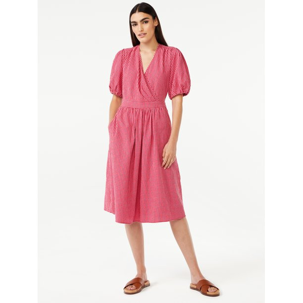 Free Assembly Women's V-Neck Faux Wrap Midi Dress - Walmart.com | Walmart (US)