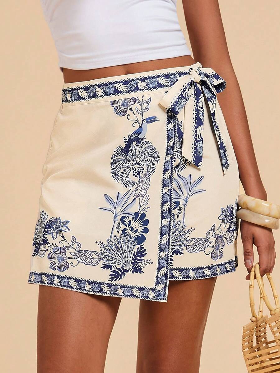 Travachic Women's Floral Print Asymmetric Hem Side Knot Waist Midi Skirt For Vacation, Summer, Be... | SHEIN