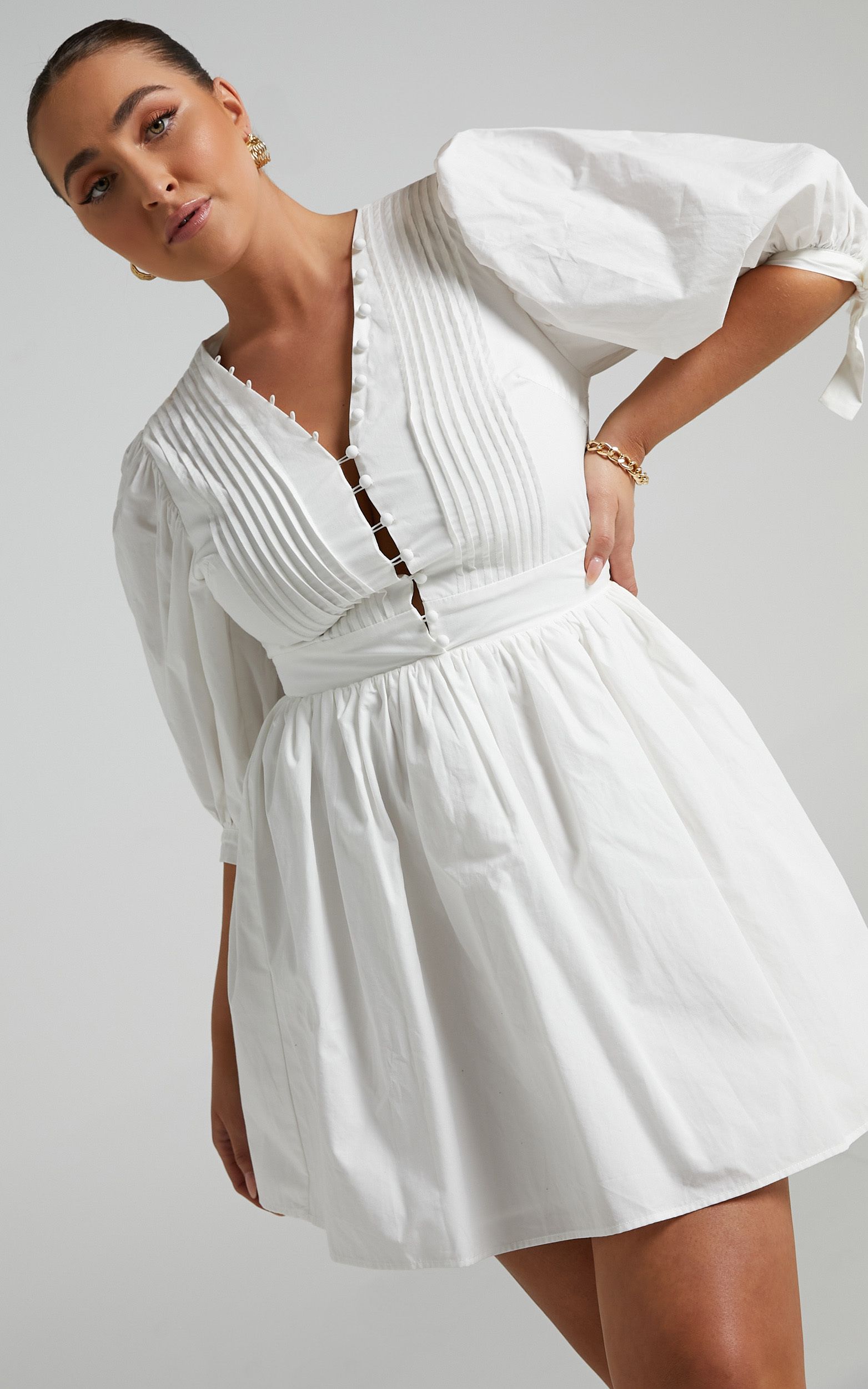 Zandra Puff Sleeve Poplin Mini Dress in White | Showpo - deactived