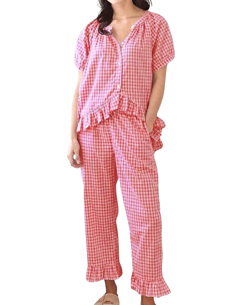 Womens Gingham Pajama Set 2 Piece Short Sleeve Babydoll Shirt and Pants Lounge Set Cute Sleepwear | Amazon (US)
