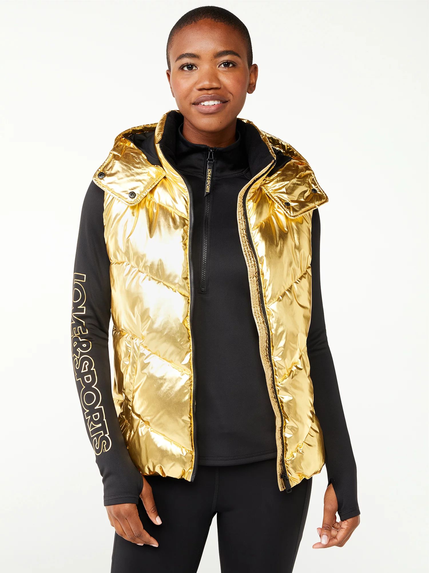 Love & Sports Women's Gold Foil Puffer Vest with Hood | Walmart (US)