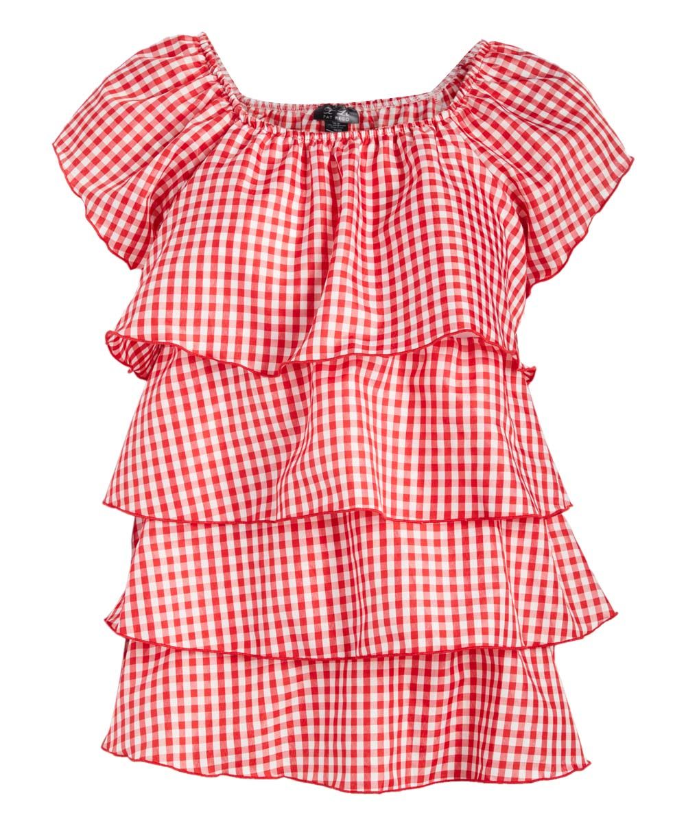 Pat Rego Women's Tank Tops RED/WHITE - Red & White Gingham Ruffle Cap-Sleeve Top - Plus | Zulily