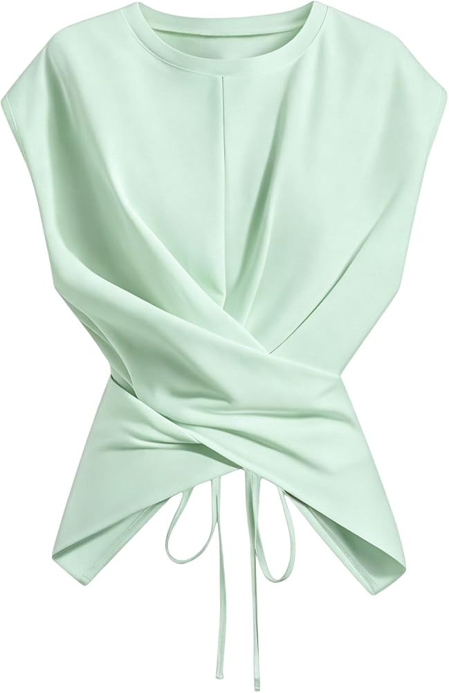Verdusa Womens Cinched Waist Wrap Top Cap Sleeve Tie Back Asymmetrical Tops | Amazon (US)