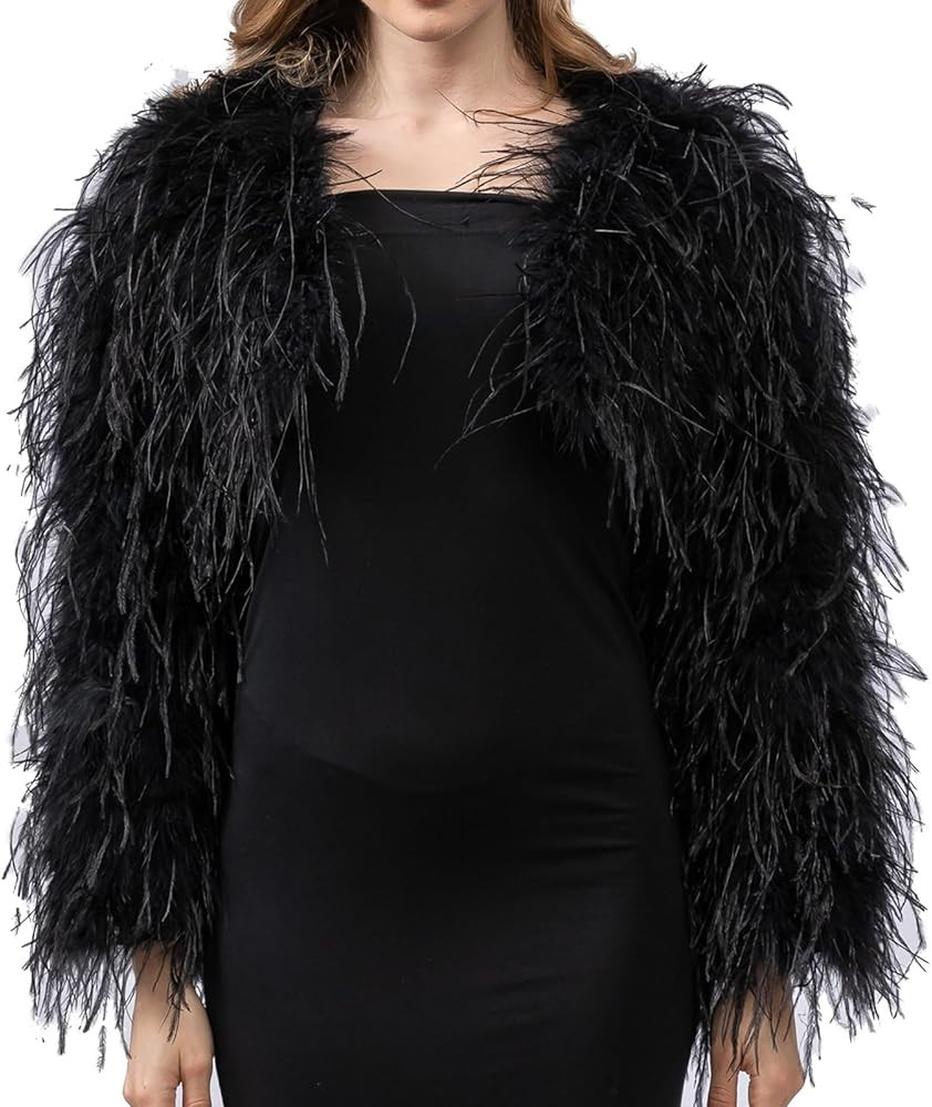 LVCOMEFF Women Ostrich Feather Cropped Jacket Bolero Top with Long Sleeve for Party Furry Luxurio... | Amazon (US)