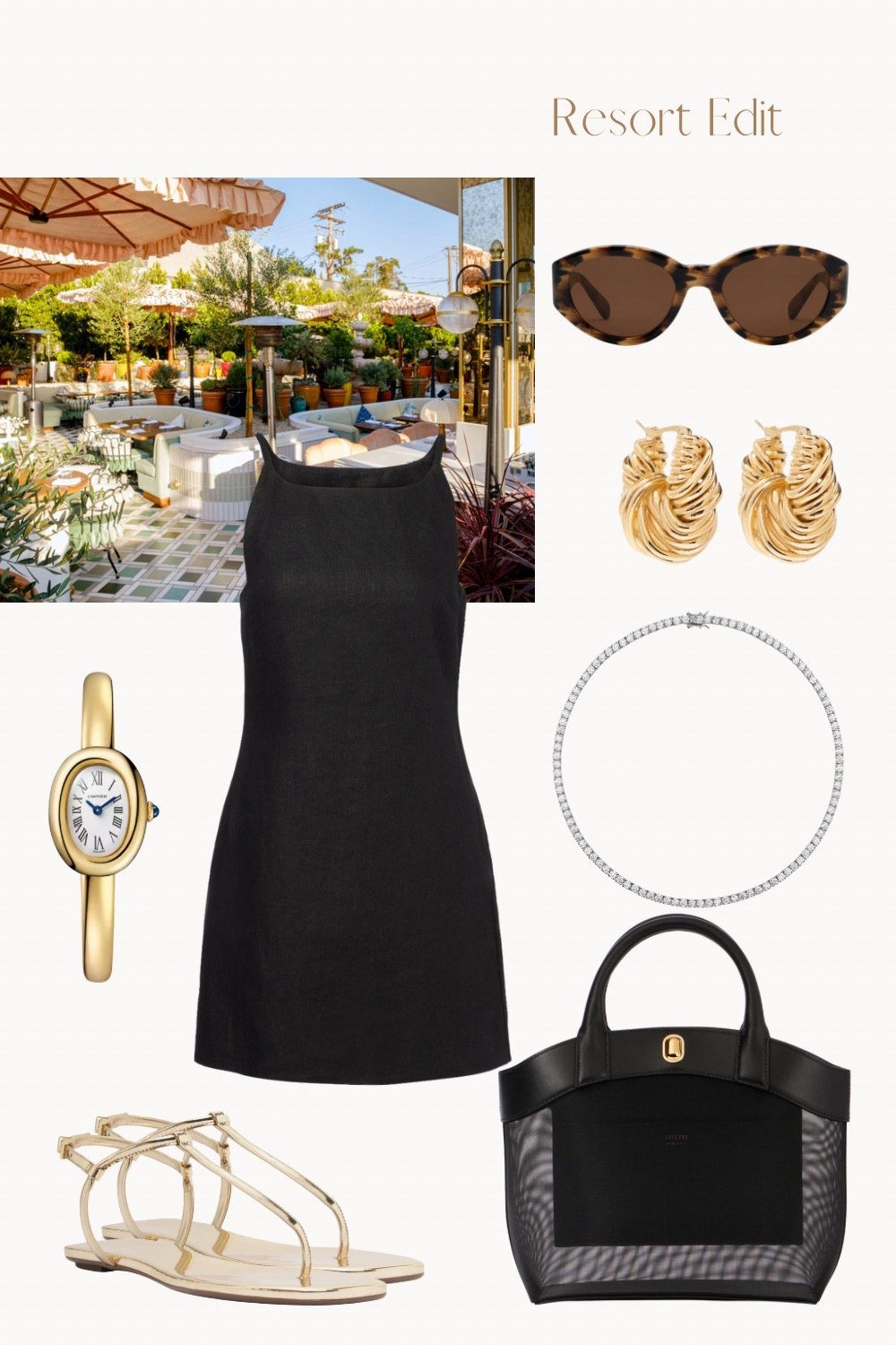 Resort Ready 

Little black dress, linen dress, posse, gold watch, tortoise sunglasses, diamond necklace, black mesh bag, beach bag, pool bag, summer outfit, spring outfit, vacation outfit, gold watch, bracelet watch, gold metallic sandals, gold sandals

#LTKSeasonal #LTKootd #LTKTravel