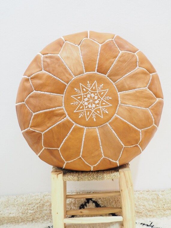 Moroccan tan  POUF* Boho** with White Stitching Leather Pouf ottoman pouf morrocan natural pouf u... | Etsy (US)