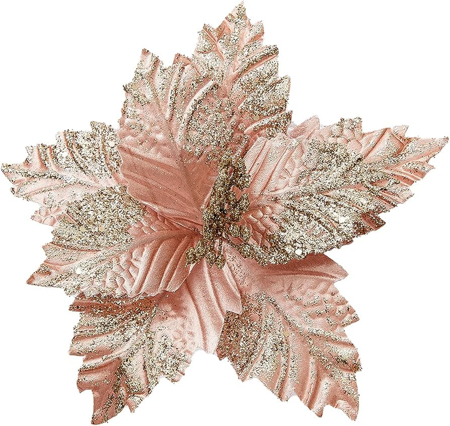 GreenHouzz 10 Pcs Large Christmas Poinsettia Picks Glitter Flowers Decorations Ornaments for Christmas Tree Wreath (Rose Gold) 8.3inch/10pcs PR3000 | Amazon (US)
