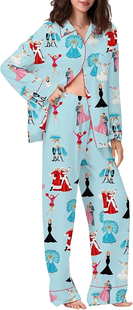 Women Christmas Pajama Set Y2k Nutcracker Long Sleeve Shirt and Wide Leg Pants Cute Pjs Outfits | Amazon (US)