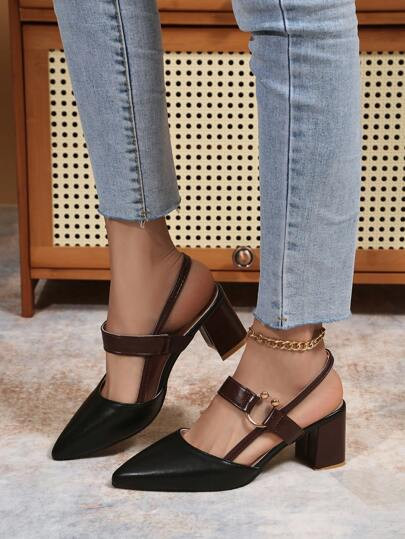 2025 Spring/Summer Women's Thick Heel Pumps, Fashionable & Versatile Pointed Toe Slip-On Comfort Heels, Elegant | SHEIN