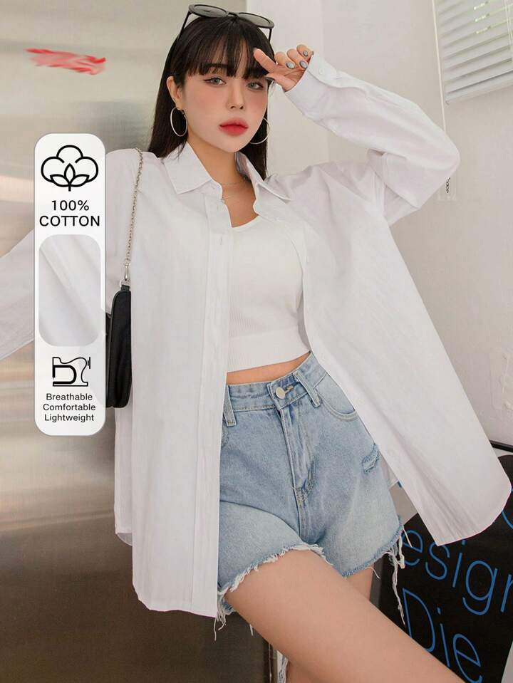 DAZY Camisa Oversized Abotoada Com Ombro Caído Sólida, Blusas De Manga Longa | SHEIN