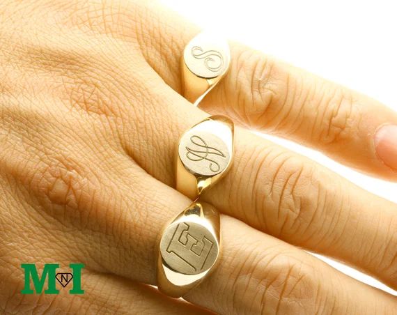 Signet Gold Script Rings,10K Ring,14K Solid Gold Ring,Initial Ring,personalized Engraved monogram Ri | Etsy (US)