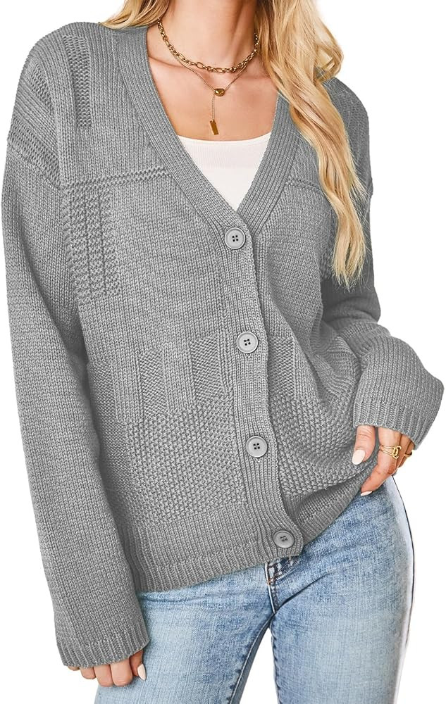 Dokotoo Cardigan for Women V Neck Open Front Button Down Long Sleeve Cable Knit Sweaters Tops | Amazon (US)