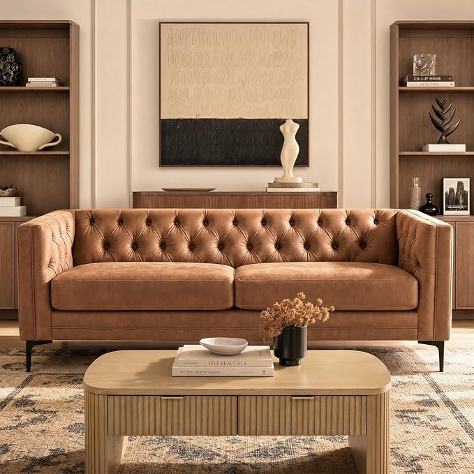 HULALA HOME 84" W Faux Leather Sofa Couch with Metal Legs, Button-Tufted 3-Seater Sofa, Mid Centu... | Amazon (US)