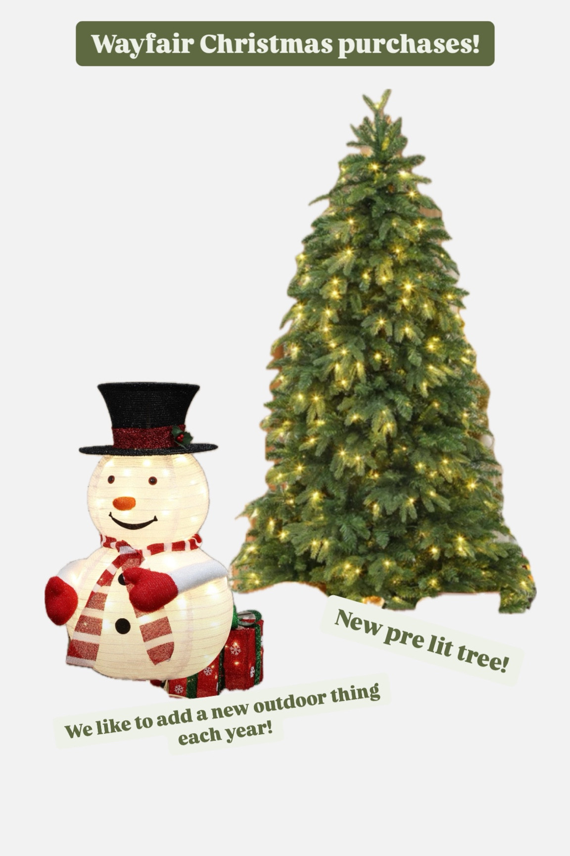 Wayfair Christmas decor purchases. A new pre lit Christmas tree and an outdoor light up snowman



#LTKHoliday #LTKHome #LTKSeasonal