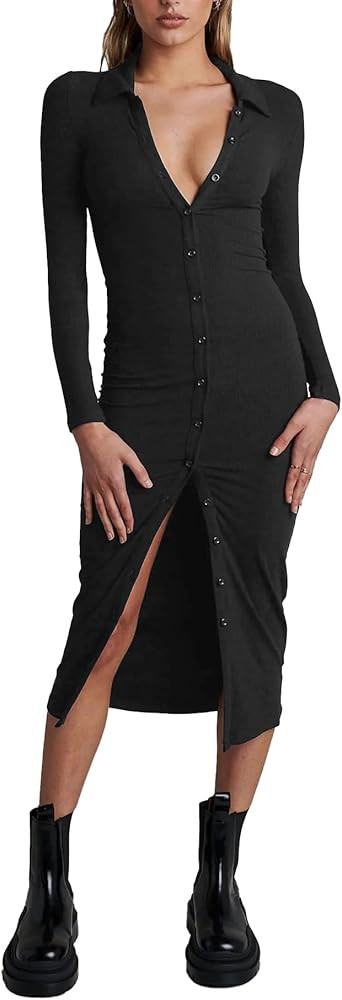 ECDAHICC Women's Sexy Ribbed Knit Sweater Dress Casual Long Sleeve V Neck Bodycon Pleated A Line ... | Amazon (US)