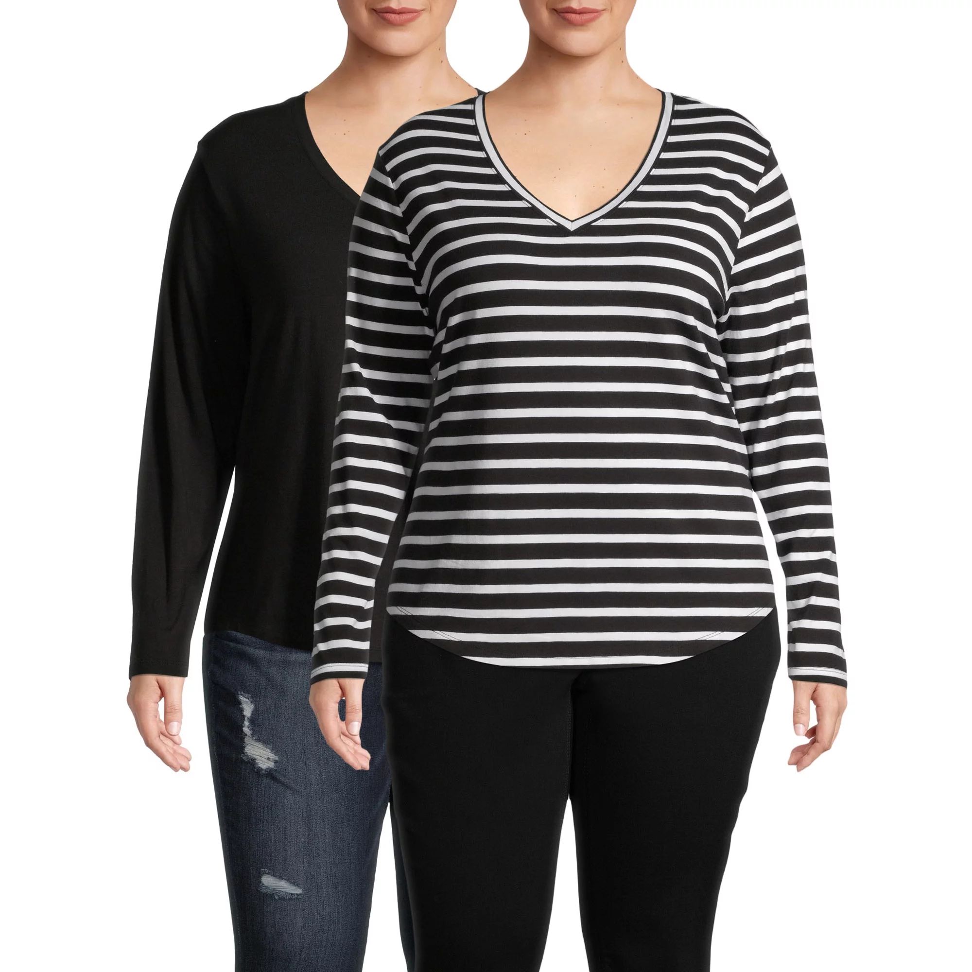 Terra & Sky Women's Plus Size Everyday Essential Long Sleeve V-Neck T-Shirt. 2-Pack Bundle | Walmart (US)