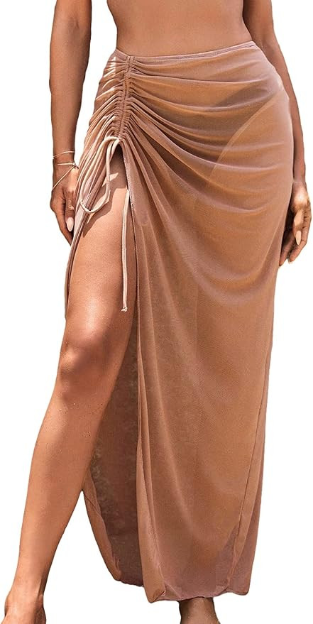 SHENHE Women's High Slit Sheer Ruched Drawstring Side Beach Maxi Skirt Swim Cover Up | Amazon (US)