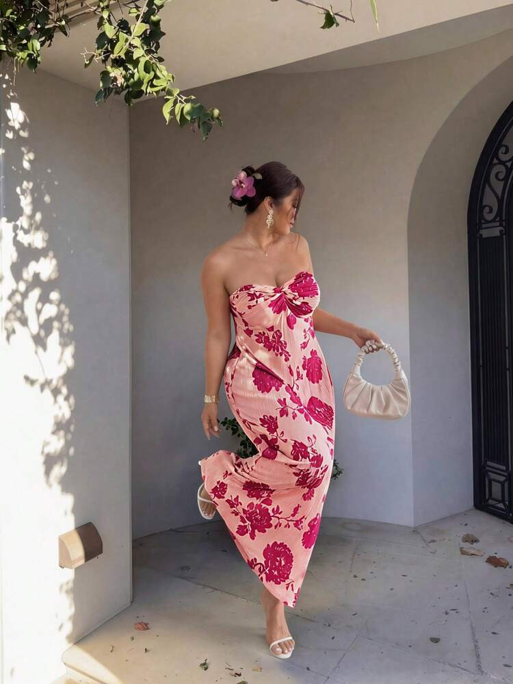 Firerie Plus Size Women's Elegant Romantic Vacation Pleated Maxi Dress, Vacation Style Red Tie Dye Floral Print A-Line Tie-Waist Flowing Dress, Suitable For Weddings, Sexy Beach, Western Festivals, Summer Bohemian | SHEIN