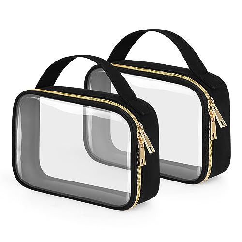 Wedama Clear Toiletry Bag, 2 Pack Clear Makeup Bags with Handles, Large Travel Bags PVC Cosmetic Bag for Women and Men, Carry on Airport Airline Compliant Bag, Black | Amazon (US)