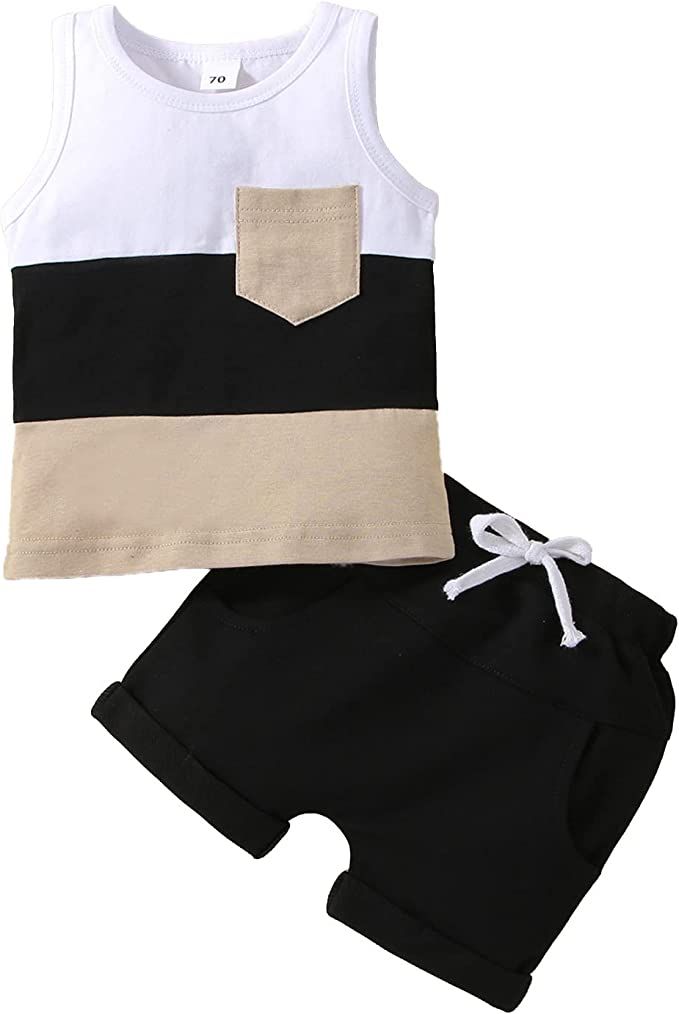 Toddler Infant Baby Boy Summer Shorts Set Sleeveless Striped Tank Tops T Shirt and Solid Shorts O... | Amazon (US)