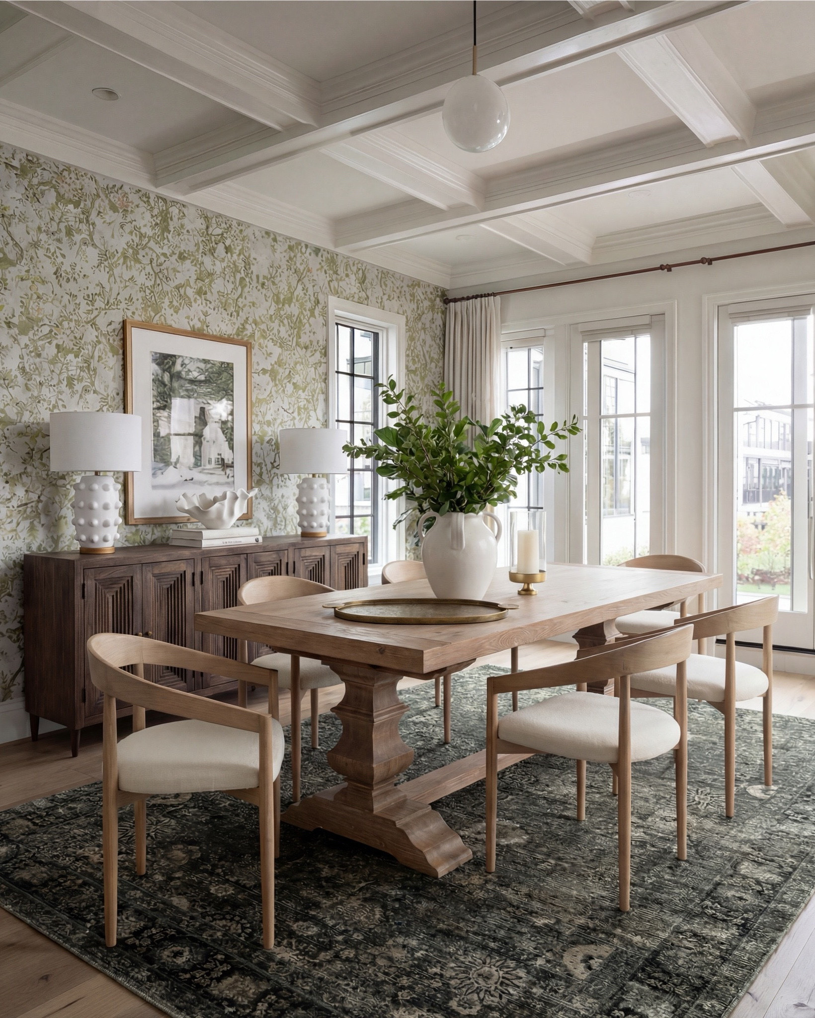 There’s something about a light filled, nature driven dining room that feels effortlessly welcoming the moment you step inside. This space blends soft pattern, warm wood, and organic lines in a way that feels both elevated and incredibly livable.

The pedestal dining table brings so much presence with its sculpted base and natural wood grain. I paired it with clean, curved dining chairs in a soft ivory upholstery to keep the look airy and balanced. On the sideboard, the deeper wood tone adds richness and grounds the entire room.

Styling is all about quiet impact here — a large ceramic vase filled with fresh greenery, a simple tray, and layered candles that keep the table looking intentional without taking away from the architecture around it. The twin lamps on the sideboard add symmetry and that perfect soft glow.

And that wallpaper — the muted green florals feel traditional in the best way, adding depth and texture without overwhelming the room. The dark, vintage inspired rug anchors the whole palette, pulling in those moody greens and creating contrast against the lighter woods.

✨ Shop the Look
* Pedestal dining table
* Curved wood dining chairs
* Green floral wallpaper
* Dark vintage inspired rug
* Ceramic statement vase
* Gold rim tray
* Sideboard table lamps

#LTKsale #LTKhome #LTKstyletip