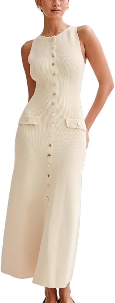 Women's Knit Maxi Dress Sleeveless Crewneck Decorative Button Slim Fit Ribbed Long Tank Dresses | Amazon (US)