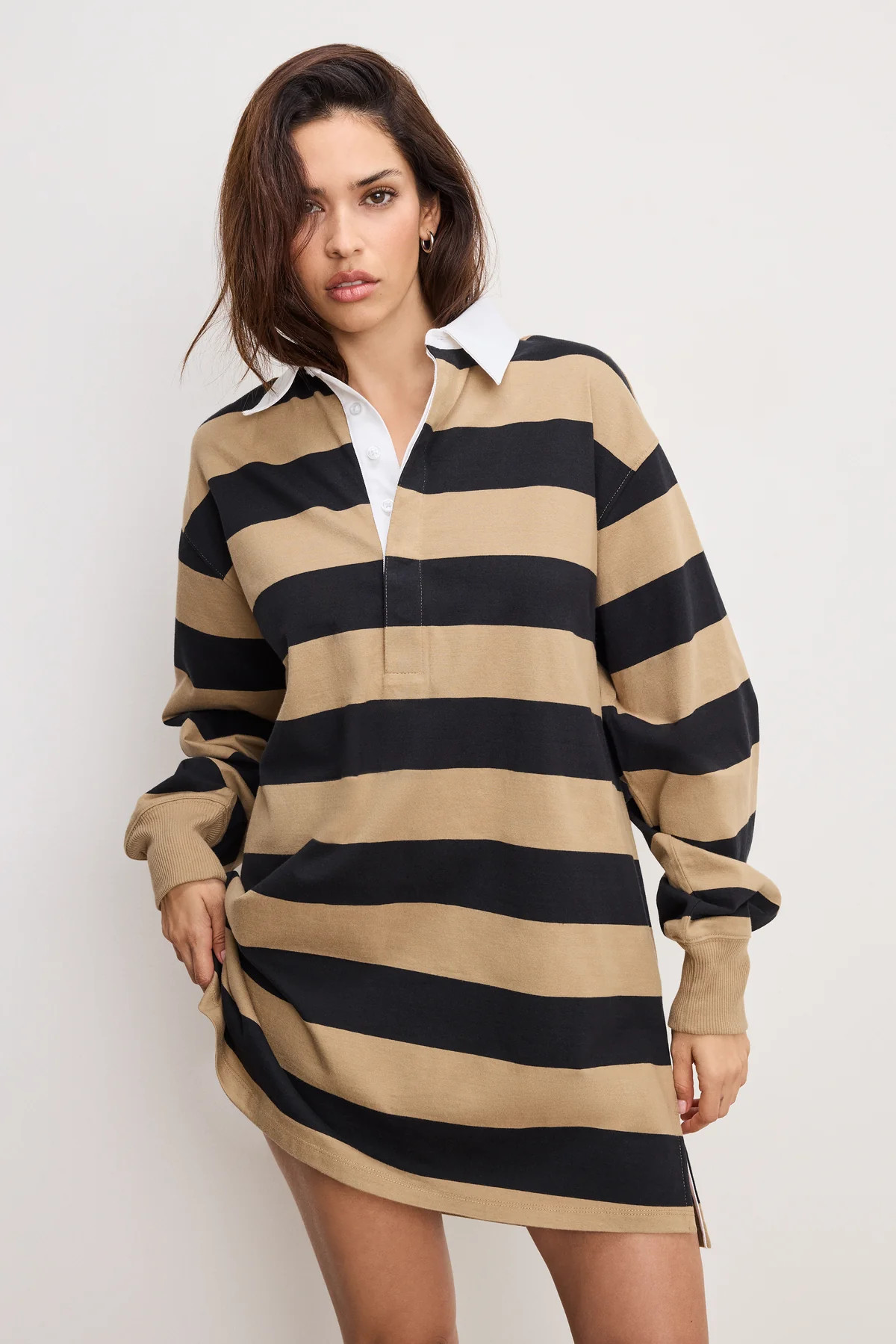 JERSEY POLO MINI DRESS | GOOD KHAKI AND BLACK RUGBY STRIPE001 - GOOD AMERICAN | Good American