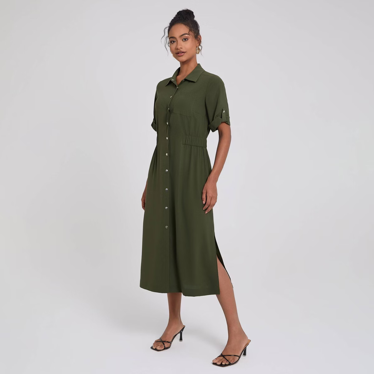 Women's Short Sleeve Front Open Button Closure Side Slit Blouse Dress - A New Day™ Dark Olive G... | Target