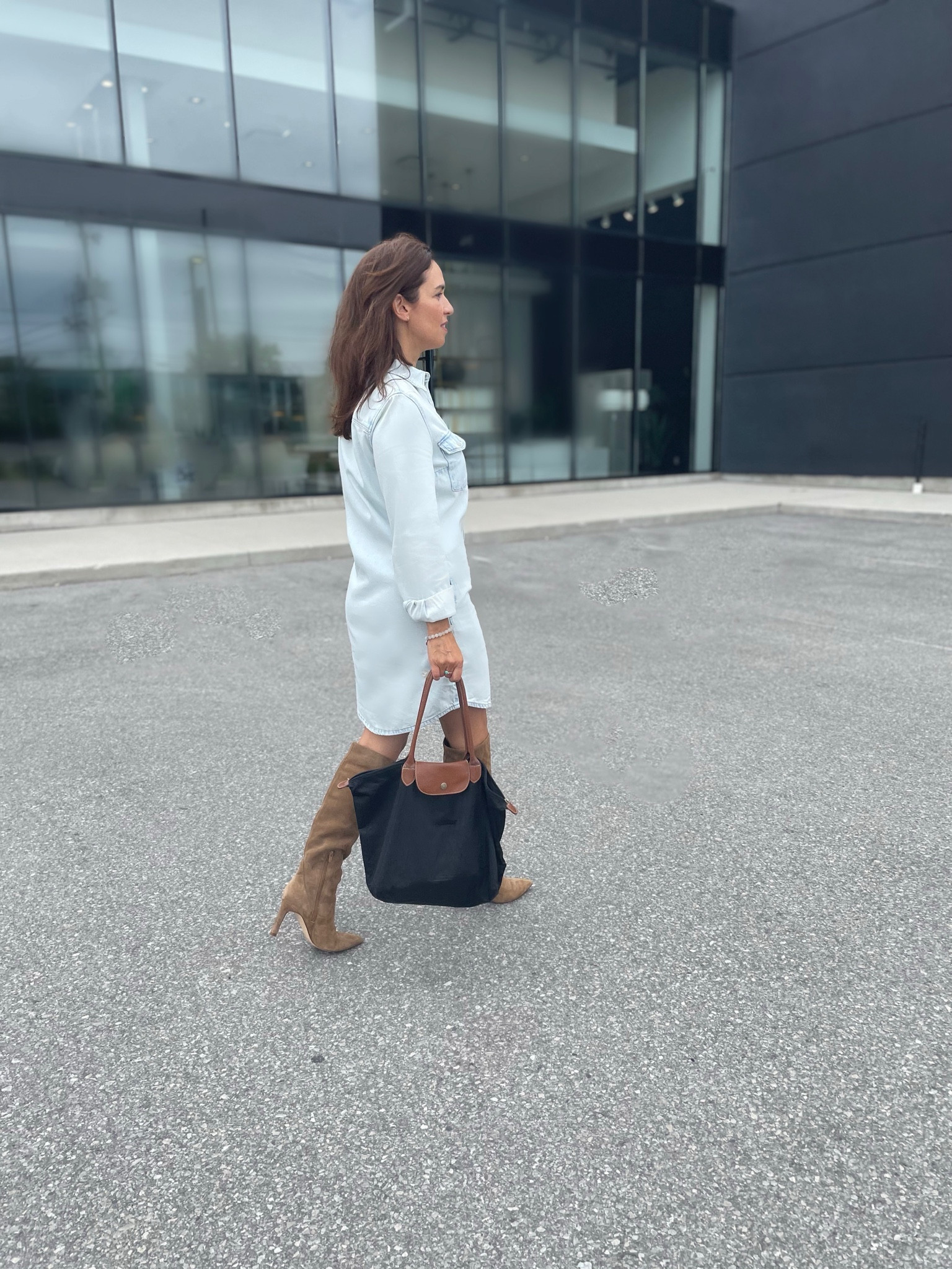 Fall transition outfit 
Denim dress 