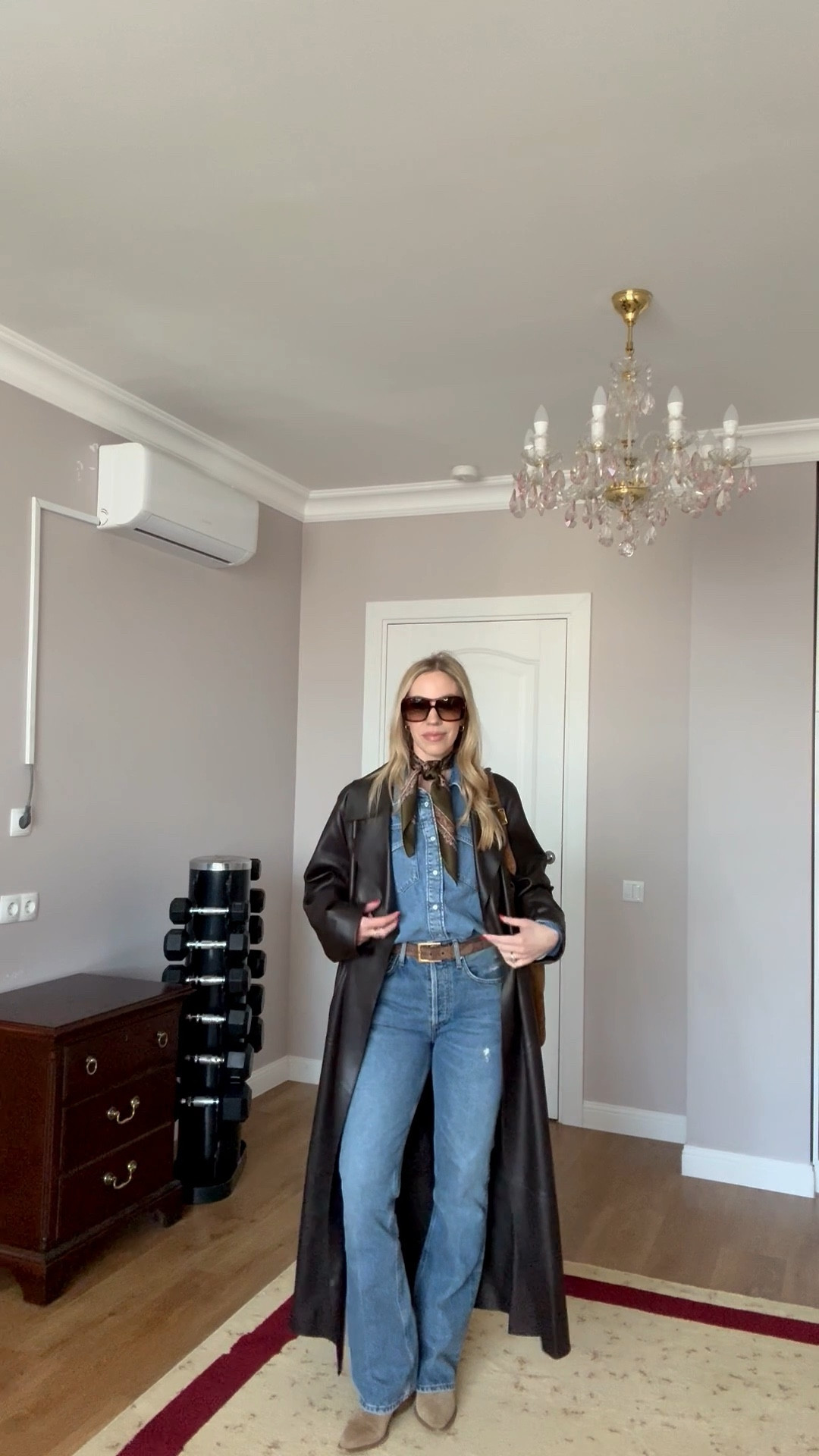Spring outfits 2026, all denim outfit, denim on denim, chocolate brown leather jacket, silk scarf, western style 

#LTKOver40 #LTKgrwm #LTKSeasonal