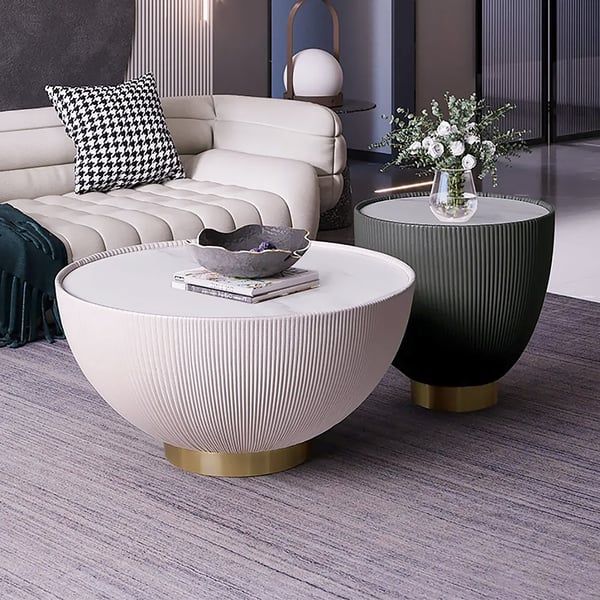 Modern Beige & Gray Drum Sintered Stone Round PU-Leather Coffee Table Set-Homary | Homary
