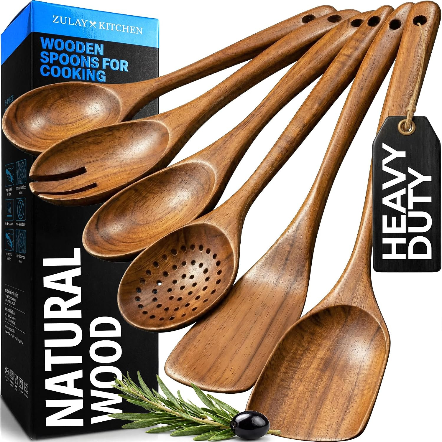 Zulay Kitchen 6 Piece Wooden Spoons for Cooking – Natural Teak Wooden Utensil Set, Easy to Clean, Durable, Smooth with Comfort Grip - Non Toxic Wooden Cooking Utensil Sets | Amazon (US)