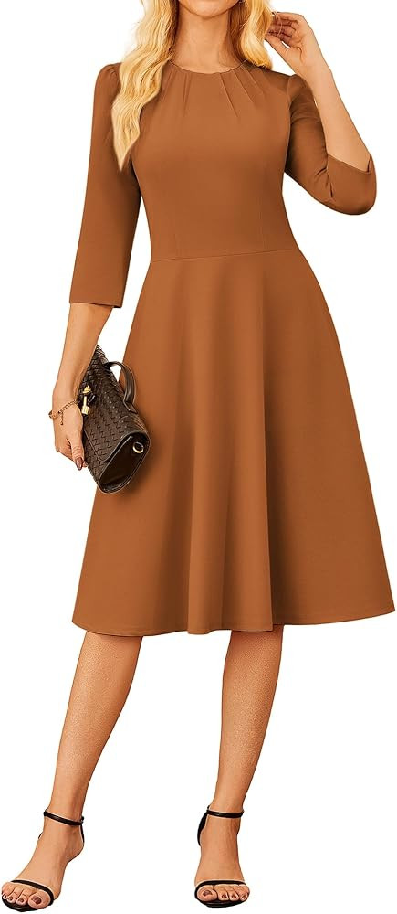 GRACE KARIN Work Dresses for Women 2025,3/4 Sleeve Church Dresses, A-line Fall Wedding Guest Dres... | Amazon (US)
