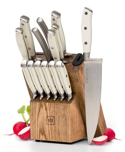 White Knife Set with Block – 14-Piece Forged Stainless Steel Knives with Triple Rivet Handles, Heavy-Duty Kitchen Shears, and Self-Sharpening Knife Block – Durable White Kitchen Accessories | Amazon (US)
