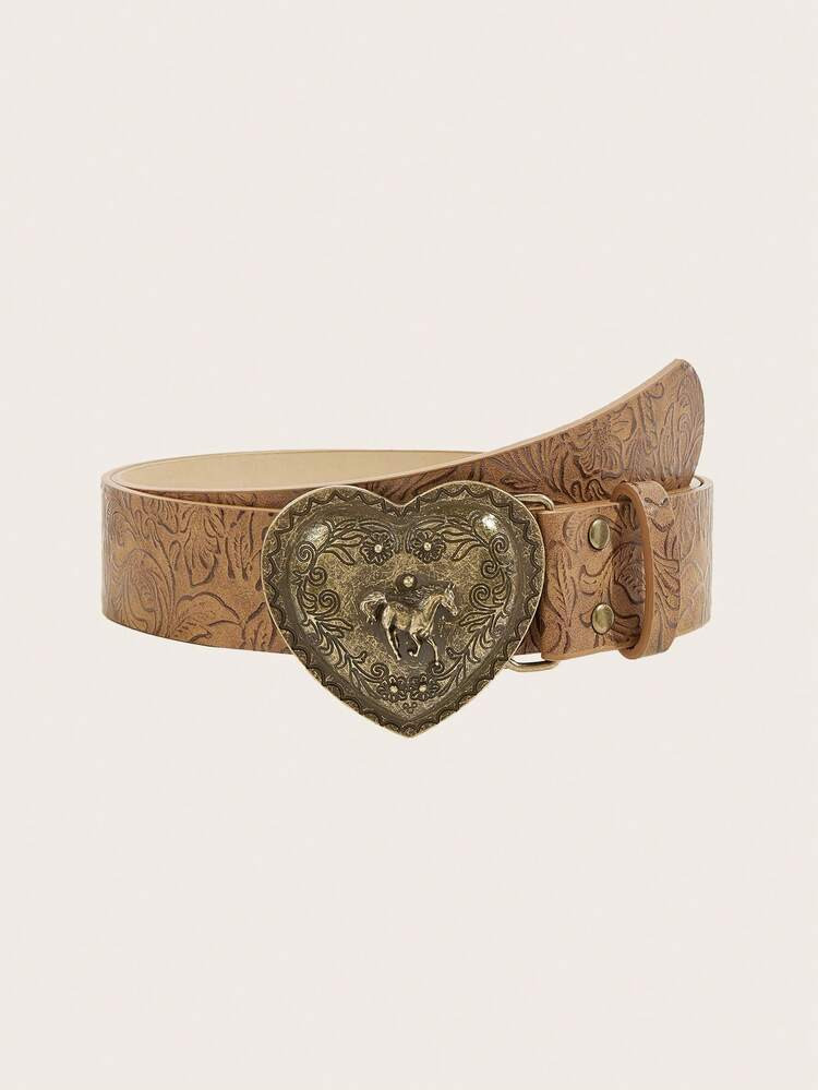 1pc Bohemian Vintage Horse Heart Embossed Light Brown Western Cowgirl Belt, Suitable For Jeans, C... | SHEIN
