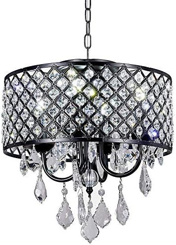 Diamond Life 4-Light Antique Black Round Metal Shade Crystal Chandelier Pendant Hanging Ceiling Fixt | Amazon (US)