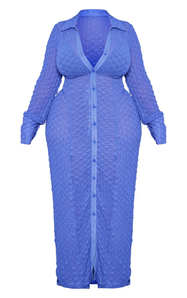 Plus Bright Blue Mesh Textured Beach Shirt Dress | PrettyLittleThing US