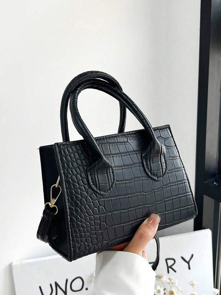 New Fashion Women Bag,  Pebbled Texture Stone Pattern Small Square Bag, Crocodile Pattern Tote Ba... | SHEIN
