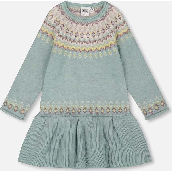 Jacquard Sweater Dress with Ribbed Skirt, Jade Green | Maisonette