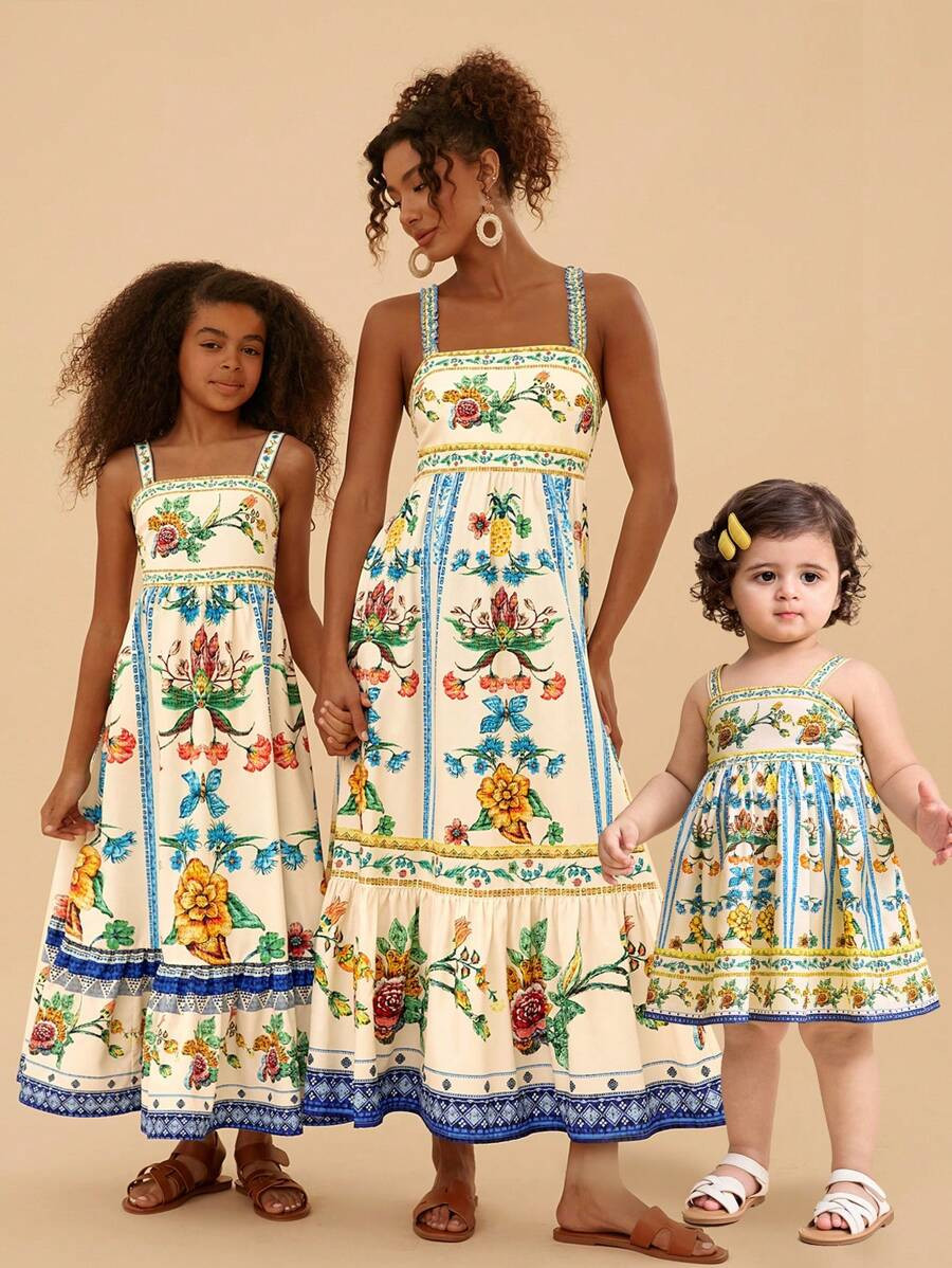 Babygirl Summer Cute Floral Print Strap Dress, Mommy And Me Matching Outfits (2 Pieces Sold Separ... | SHEIN
