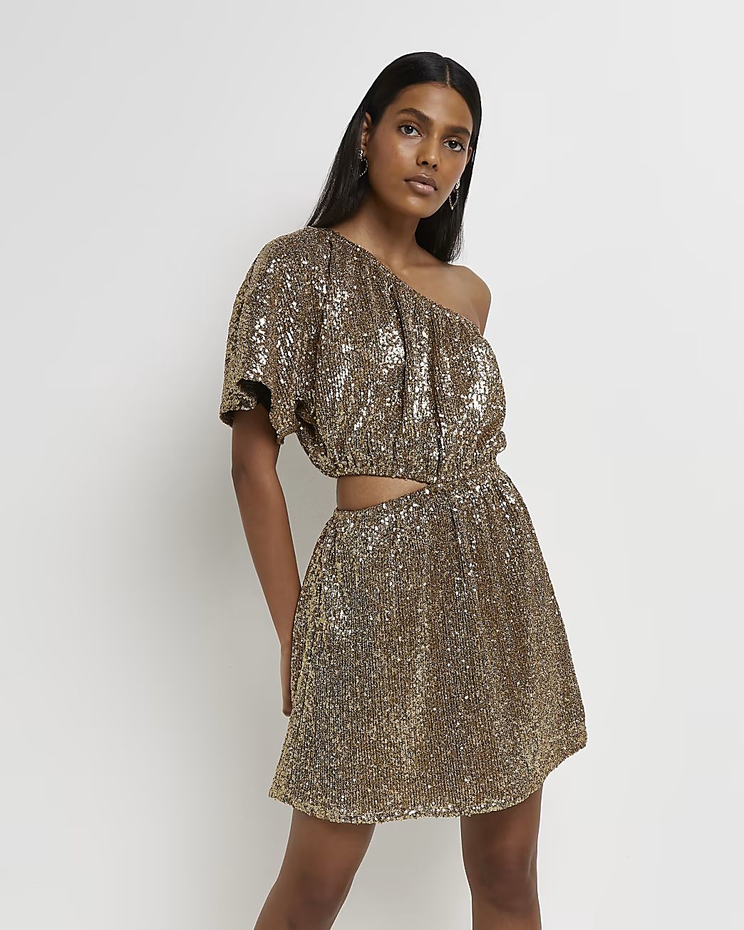Gold sequin one shoulder mini dress | River Island (UK & IE)